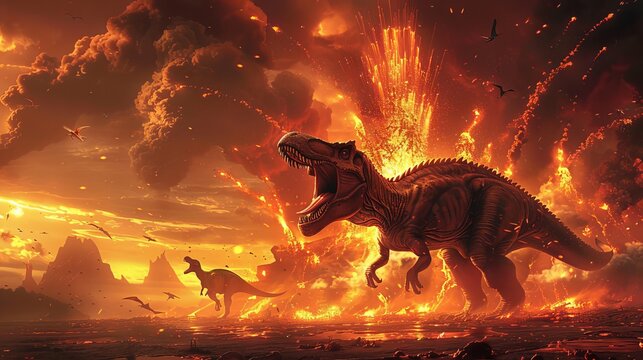 A volcanic eruption in the Mesozoic era, with dinosaurs fleeing from the lava,
