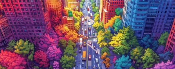 An aerial view of a  Fan Hua De Jie Dao  with colorful buildings and lush trees