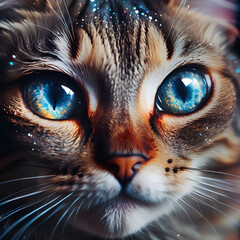 A close-up portrait of a cat looking up, featuring its expressive eyes and detailed fur