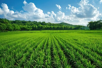 Naklejka premium Genetically modified crops, vibrant colors, advanced biotechnology, lush green field, high resolution, modern farming