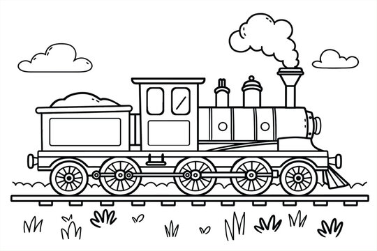 Coloring Pages with train for kids, Vector black and white steam train. Public transport icon or coloring page isolated on white background.