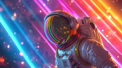 astronaut in space with colorful neon lights and rainbow stripes background