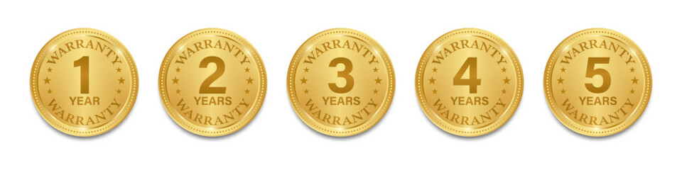 Set of Warranty Sign. 1,2,3,4,5 Years Warranty. Vector Illustration Isolated on White Background. 