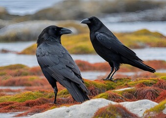 Obraz premium An American Crow (Corvus brachyrhynchos) on a kelp bed along the ocean shore of Bon Portage Island, Nova Scotia, Canada.