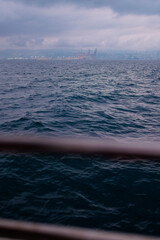 view of Haifa port and the city from a ship at sea.  Container terminal. Haifa. Israel.