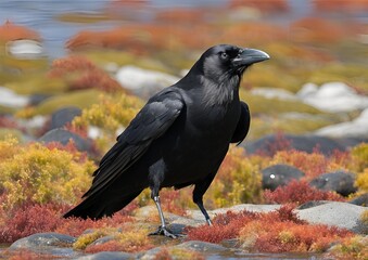 Fototapeta premium An American Crow (Corvus brachyrhynchos) on a kelp bed along the ocean shore of Bon Portage Island, Nova Scotia, Canada.