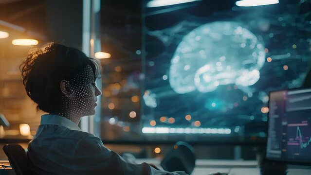 A person sitting at a computer their brain connected to a complex quantum computing system via a series of wires and sensors..