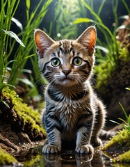 Obraz premium Galactic Feline Haven: Where Alley Cats Roam Among Extraterrestrial Flora and Stellar Sand