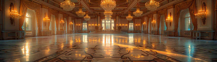 Elegant palace hall with stunning chandeliers and decorative elements, beautifully capturing golden hour light through grand windows.