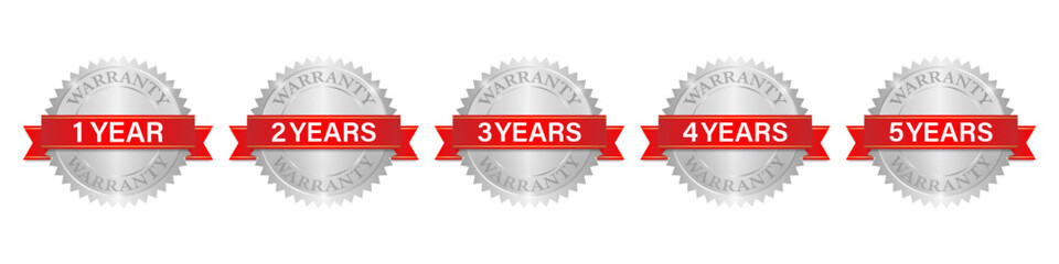 Set of Warranty Sign. 1,2,3,4,5 Years Warranty. Vector Illustration Isolated on White Background. 