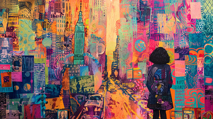 Artistic depiction of a woman sightseeing in a bustling city, with abstract patterns and vibrant colors