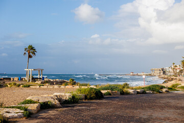 Sandy beach in Haifa, Israel. with a stunning beach and turquoise water. Summer mood.