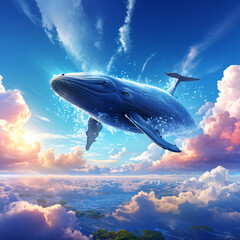 A whale flying in the sky and among the clouds