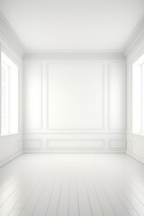 White room with white wall and two windows with white trim.