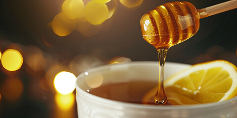 honey dripping from a honey stick into a cup of tea with lemon, generative AI