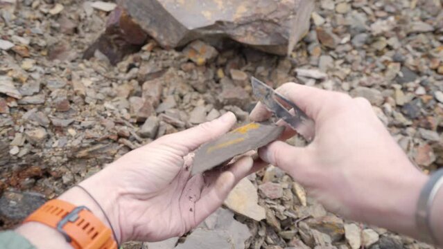 Hands of a Male Amateur Paleontologist Looking for Fossiles in Moler Rock Formation with a Knife