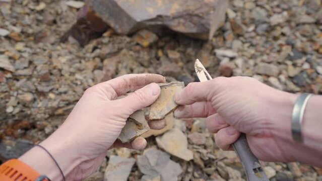 Hands of a Man Looking for Fossiles in Rock Formation with a Knife