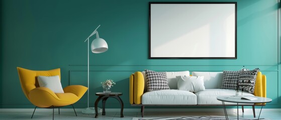 A contemporary Scandinavian living room with a teal wall, a vibrant sofa, a modern chair, and a blank poster frame