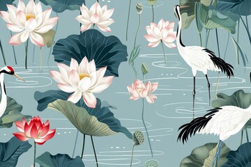 Seamless  Design with Cranes and Lotus Flowers
