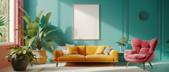 A lively and bright living room with a teal wall, a colorful sofa, a contemporary chair, and an empty poster frame
