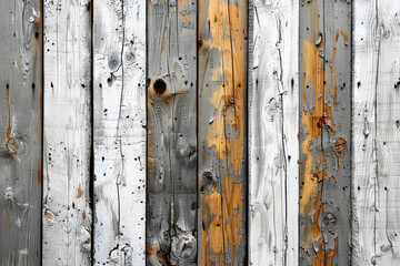 A detailed photo of an aged white wooden fence with gray and yellow stains. Created with Ai