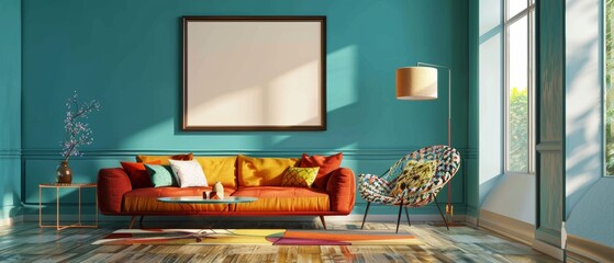 A lively and chic living room with a teal wall, a colorful sofa, a stylish chair, and an empty poster frame