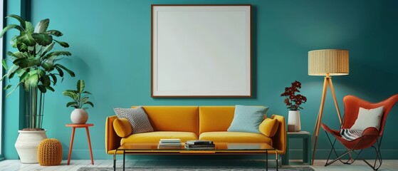 A lively and modern living room with a teal wall, a colorful sofa, a stylish chair, and a blank poster frame