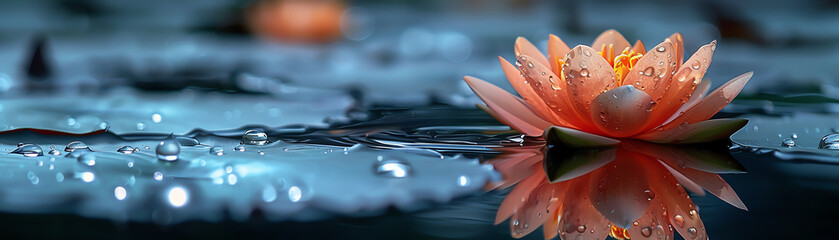 Serene image of a vibrant lotus flower blooming on calm water, surrounded by lily pads with delicate water droplets. Perfect for tranquility themes. - Powered by Adobe