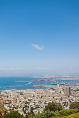 Cityscape of Haifa and Bahai Gardens (Temple of the Bab), view from Mount Carmel in Haifa. Haifa. Israel.