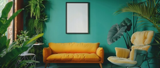 A Scandinavianinspired living room with a teal wall, a vibrant sofa, a modern chair, and an empty poster frame