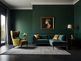 Immerse yourself in the beauty of this light room, featuring a plush sofa and cozy armchair, all set against a rich green wall that creates a stunning contrast and adds a touch of elegance.