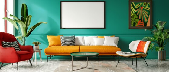 A vibrant and stylish living room with a teal wall, a colorful sofa, a trendy chair, and an empty poster frame