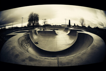 Skateboard park with skateboard ramp and bench.