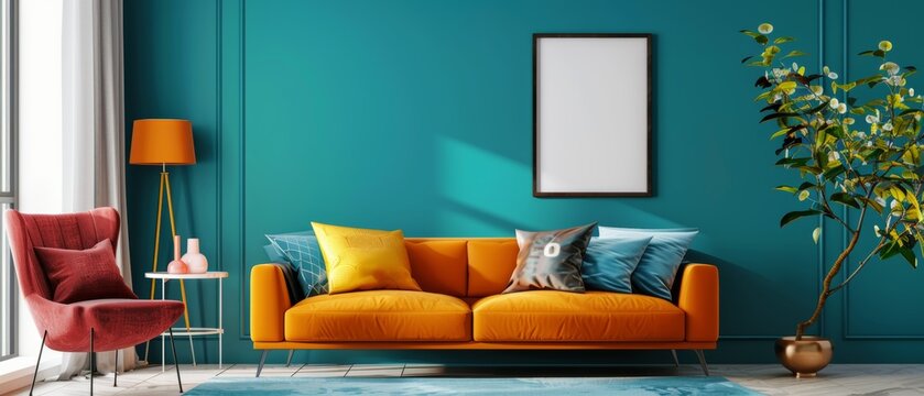 A vibrant living room with a teal wall, a colorful sofa, a stylish chair, and a poster frame in Scandinavian design