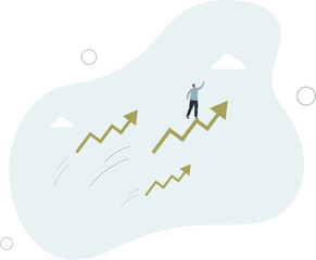 confidence businessman riding fast speed green rising up graph to the top.flat vector illustration.