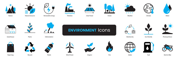 Environment Icon Set. Nature, Recycling, Climate, Weather, Natural Resources, Greenhouse, Fuel, Plastic,Fire. Duotone icons