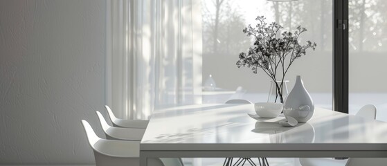Clean white dining table with a single vase, minimalist decor, soothing and simple, easy on the eyes