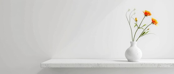 Clean white dining table with a small vase and a bright flower, minimalist decor, soothing and simple