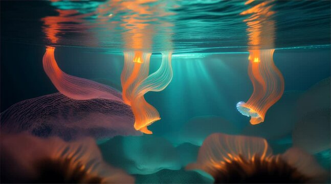 Underwater scene featuring a vibrant coral reef teeming with colorful fish in the deep blue sea