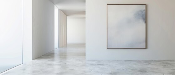 Minimalist hallway with a single piece of abstract art on the wall, white background, ample copy space