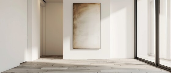 Minimalist hallway with a single piece of abstract art on the wall, white background, ample copy space