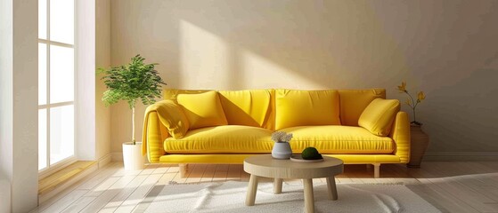 Minimalist living room with a single yellow sofa and a small coffee table, uncluttered and soothing