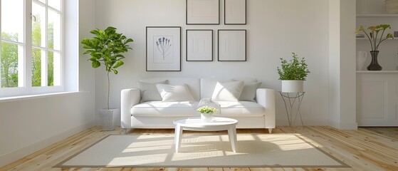 Minimalist living room with a single sofa and a small coffee table, uncluttered and soothing, easy on the eyes