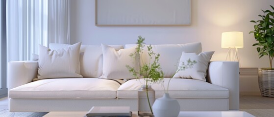 Minimalist living room with a white sofa and a small coffee table, uncluttered and soothing, easy on the eyes