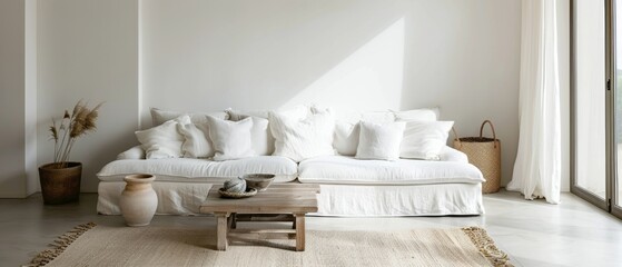 Minimalist living room with a white sofa and a small coffee table, uncluttered and soothing, easy on the eyes