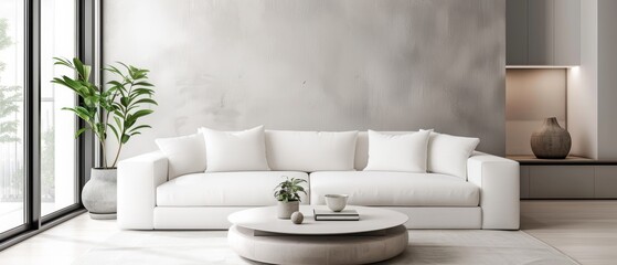 Minimalist living room with a white sofa and a small coffee table, uncluttered and soothing, easy on the eyes