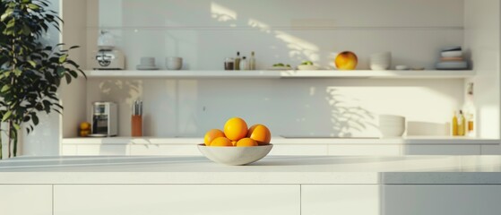 Minimalist white kitchen with a single bowl of fruit on the counter, clean and modern design, bright natural light