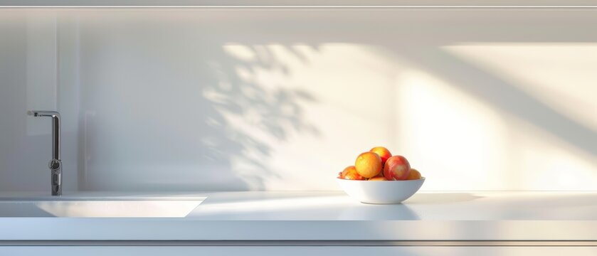 Minimalist white kitchen with a single bowl of fruit on the counter, clean and modern design, bright natural light