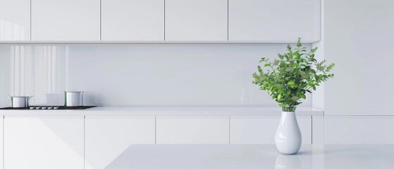 Modern kitchen with white cabinets and a single vase, minimalist design, bright and easy on the eyes
