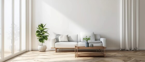Modern living room with a single sofa, a small coffee table, and minimalistic decor, bright natural light